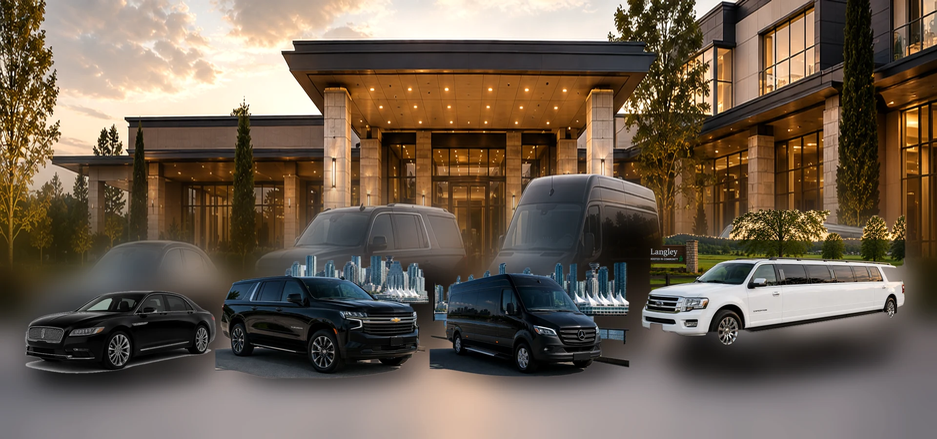 Lincoln Continental, Chevrolet Suburban, Mercedes Sprinter and white Ford Expedition stretch SUV limousine